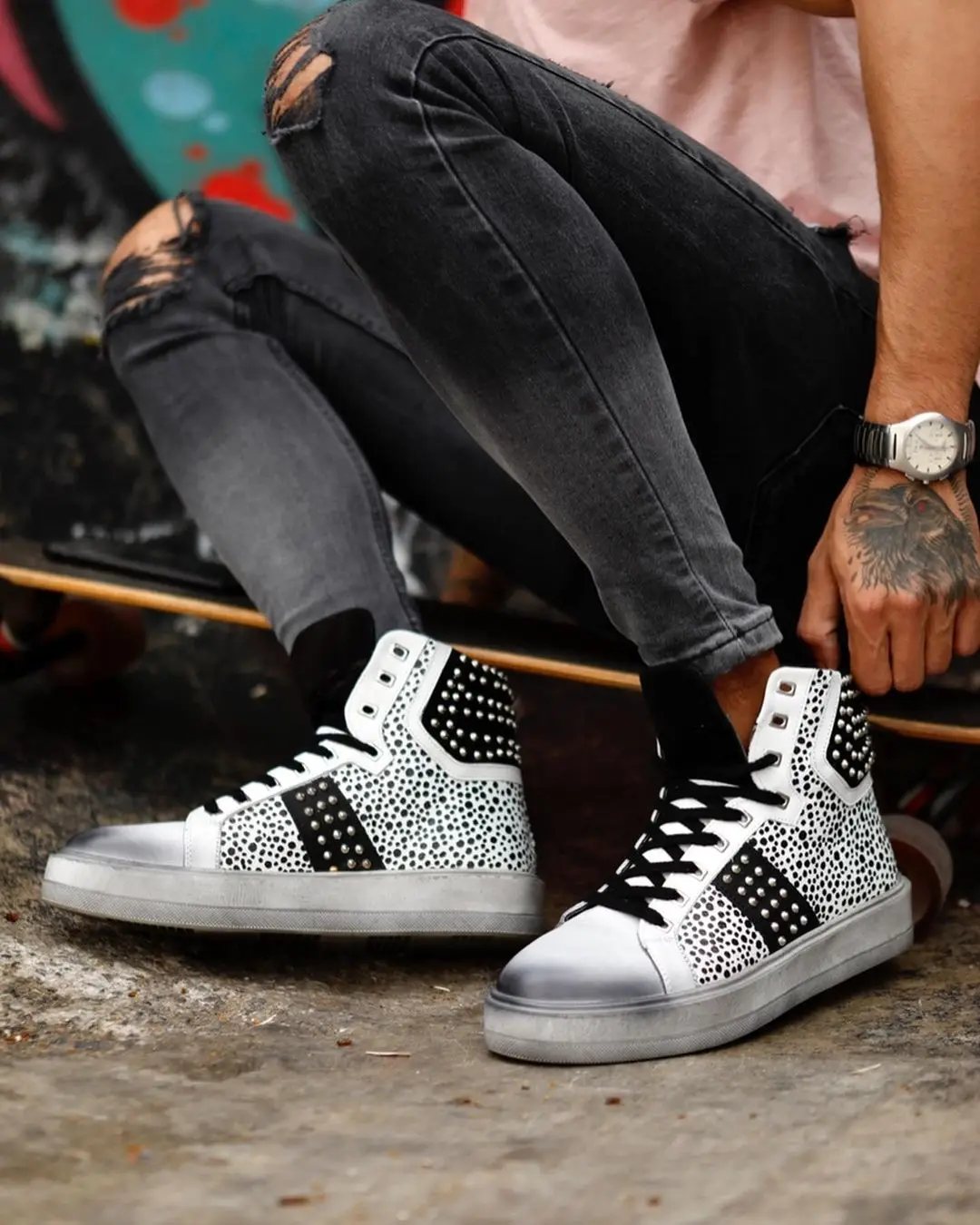 

100% Genuine Leather Casual Style Man Shoes Handmade Comfortable Durable-1989 WHTE AND BLACK