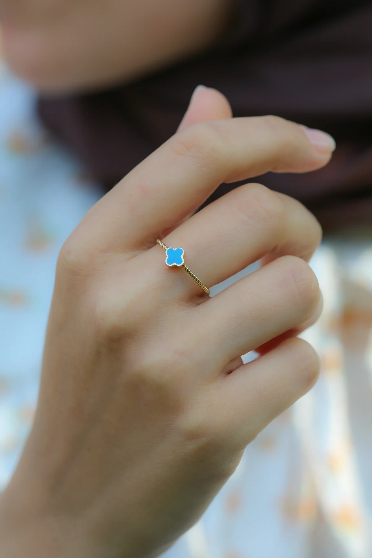 

Real 14K Gold Blue Zircon Stone Rings for Women Clover Design Round Cut Fine Jewelry Ring Wedding Band Engagement Bridal New
