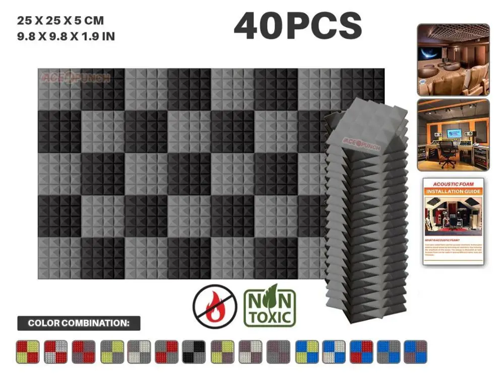 Black and Gray Arrowzoom 40 шт. в упаковке цветная комбинация 9," x 9,8" x 1," Пирамида плитка студия Звукопоглощающая Панель акустическая пена AZ1034 - Цвет: Black and Gray