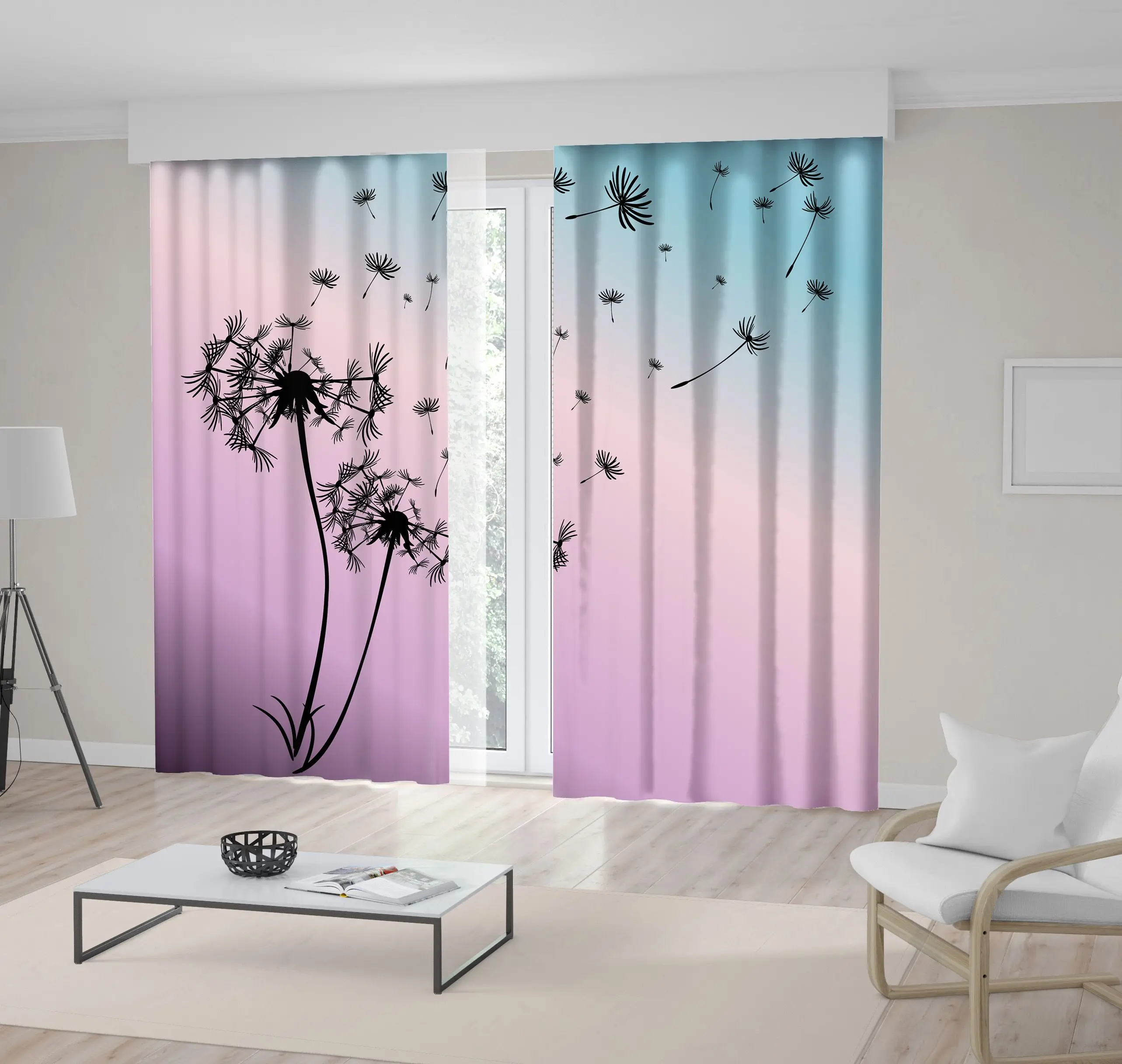 Занавески одуванчики летающие в ветру природа сад цветы Современная работа