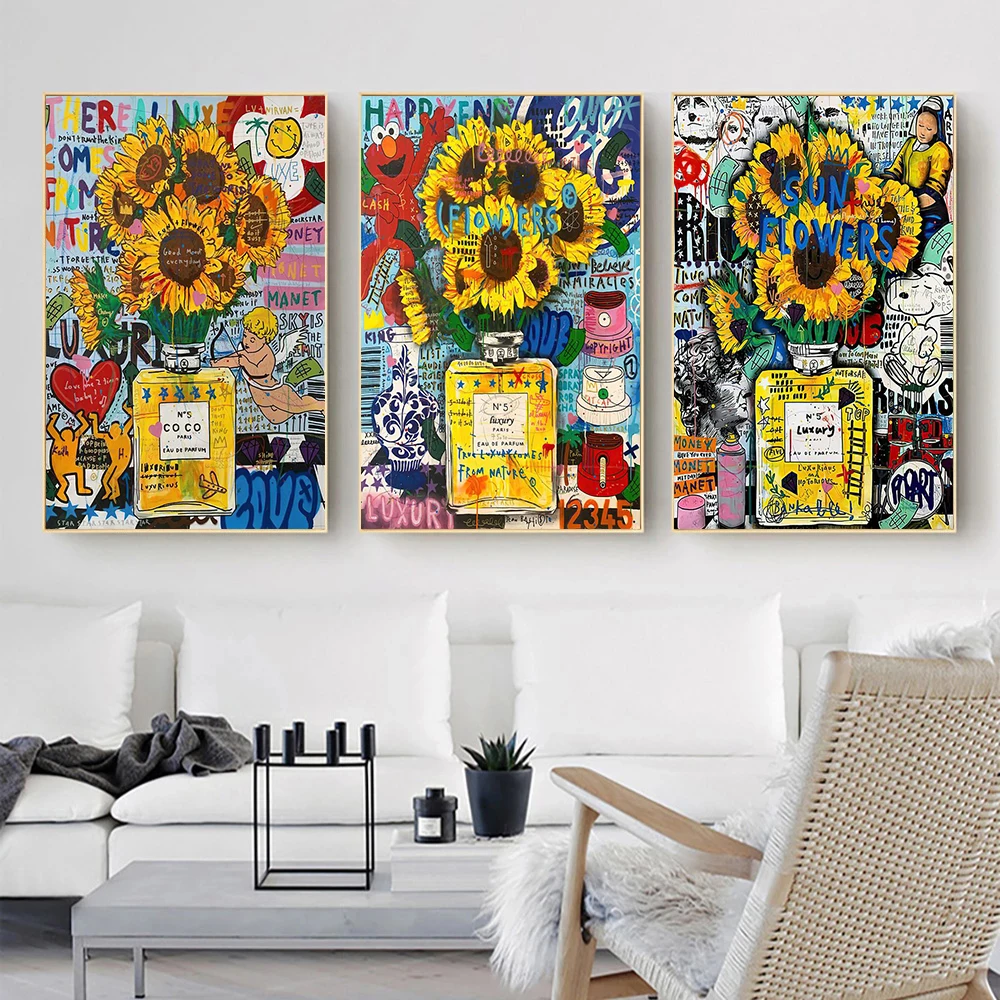 

Modern Colorful Graffiti Art Canvas Painting Flower in Perfume Bottle Posters Wall Prints Picture for Living Room Decor Cuadros