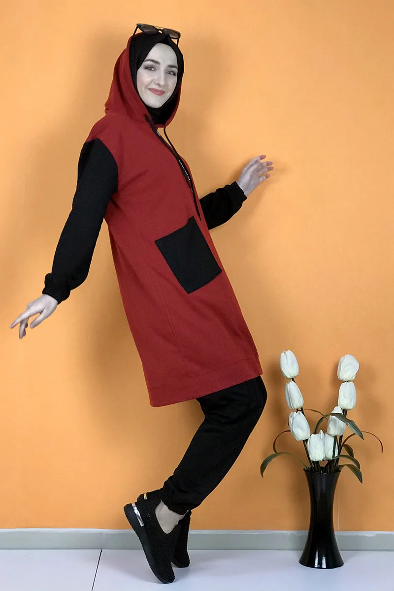 Pocketed Two Colors Long Sleeves Double Hijab Tracksuit Set Muslim Dress New Fashion Islamic Clothing Dubai Kuwait Jordan images - 6