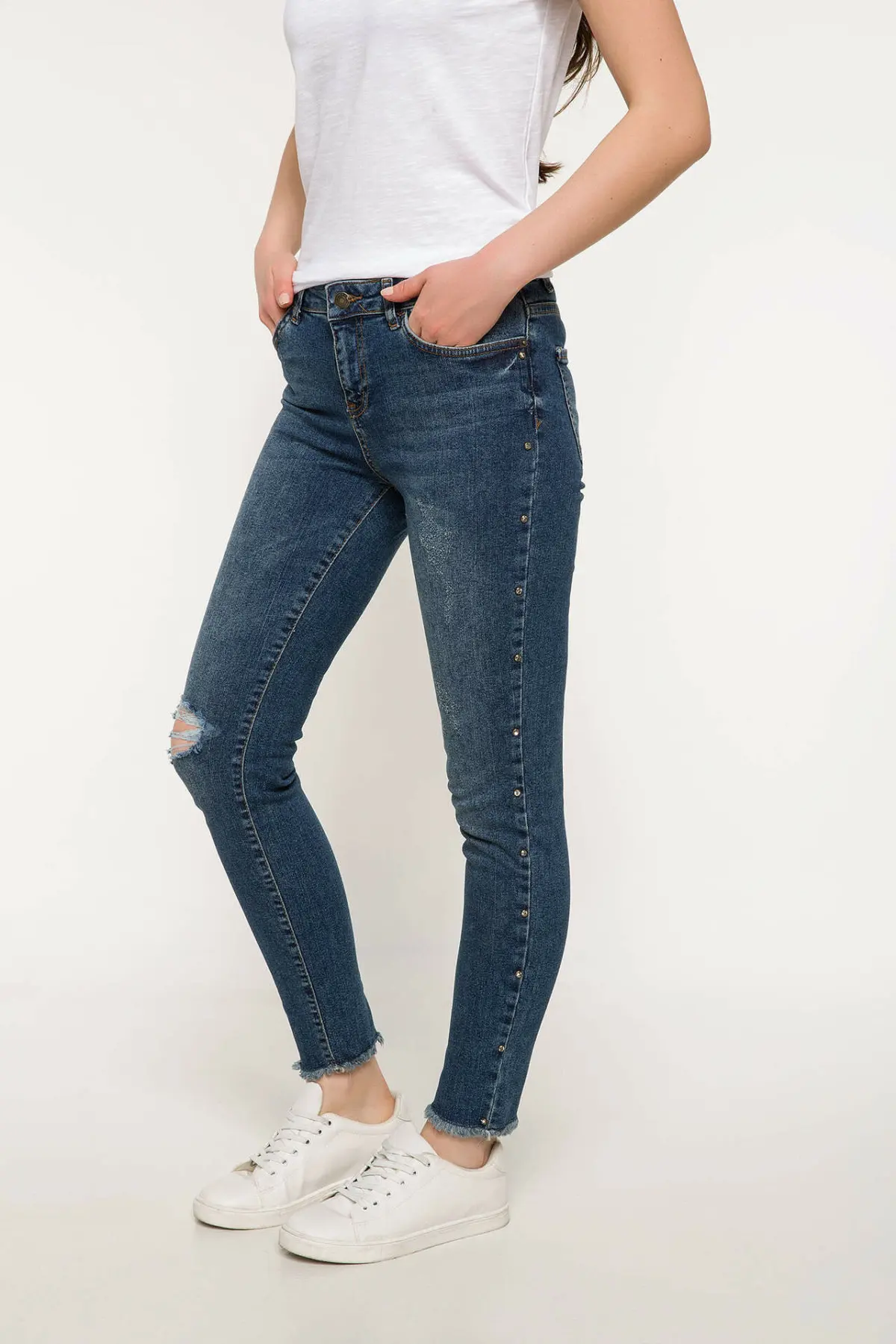 Женские облегающие джинсы DeFacto синие с дырками повседневные джинсовые