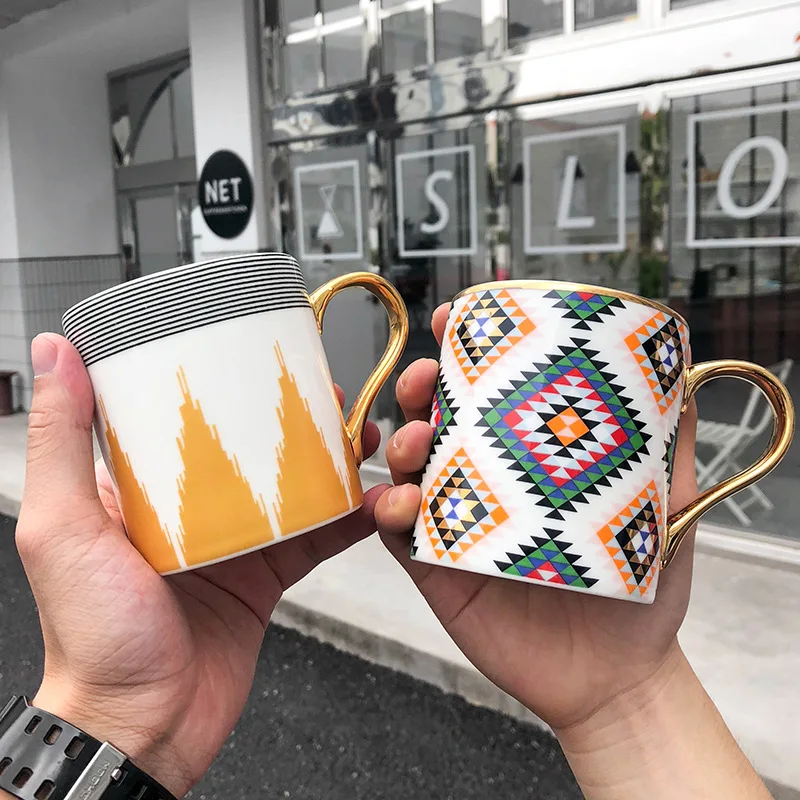 

350ml Cartoon Mugs Coffee Cups Ceramic Nordic Style Office Gold Handle Mug Household Milk Tea Coffee Cup Drinkware