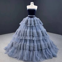 smoke blue wedding dress strapless layered tulle ball gown floor length evening dresses with train long dress for women 2021
