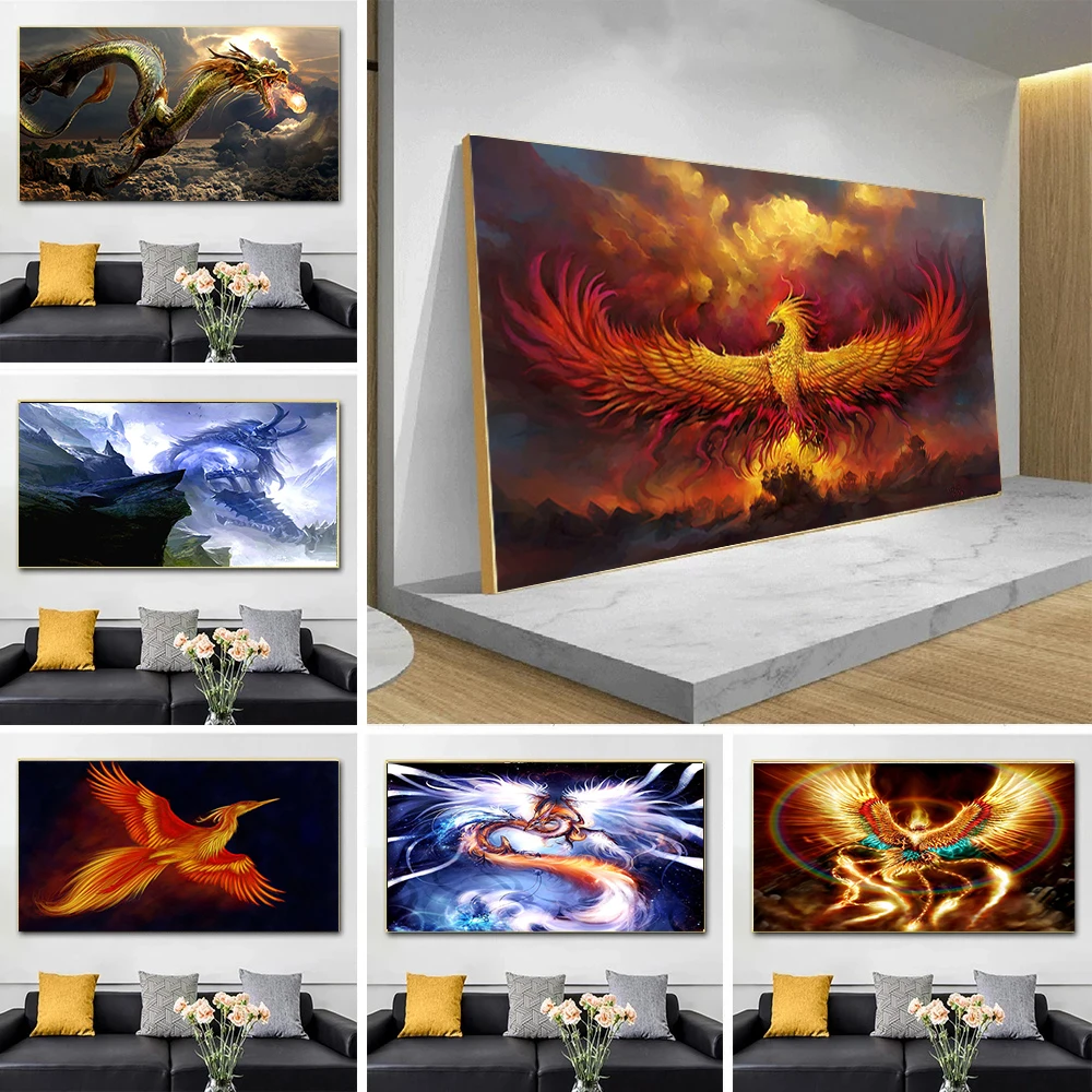 

Modern Abstract Art Chinese Dragon and Phoenix Canvas Painting Posters Prints Wall Art Pictures Living Room Home Decor Cuadros