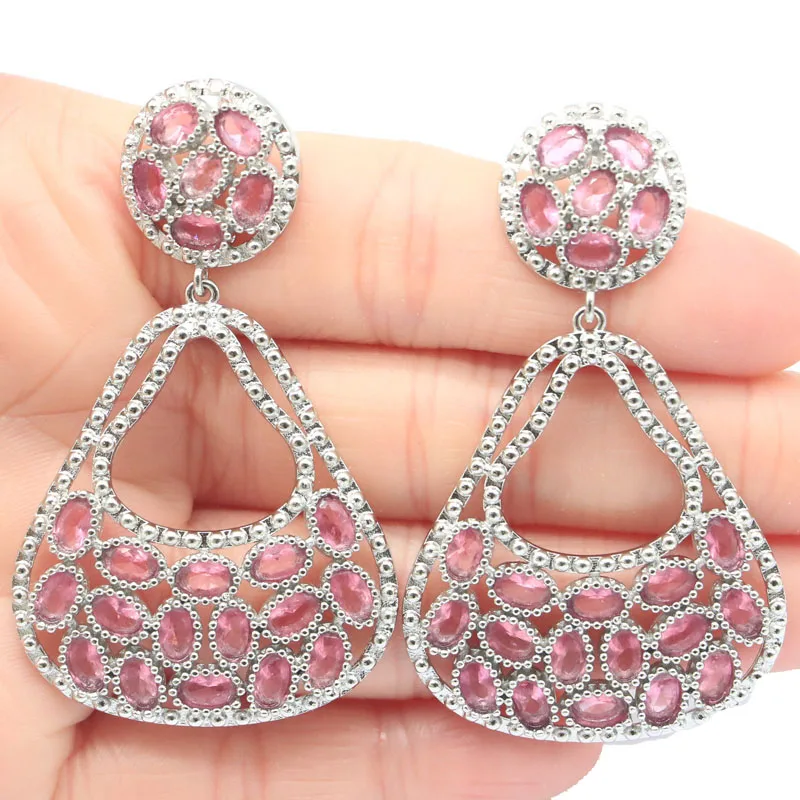 

58x35mm Awesome Long Big Hollow Created 20g Pink Tourmaline Gift For Sister Wedding Silver Earrings