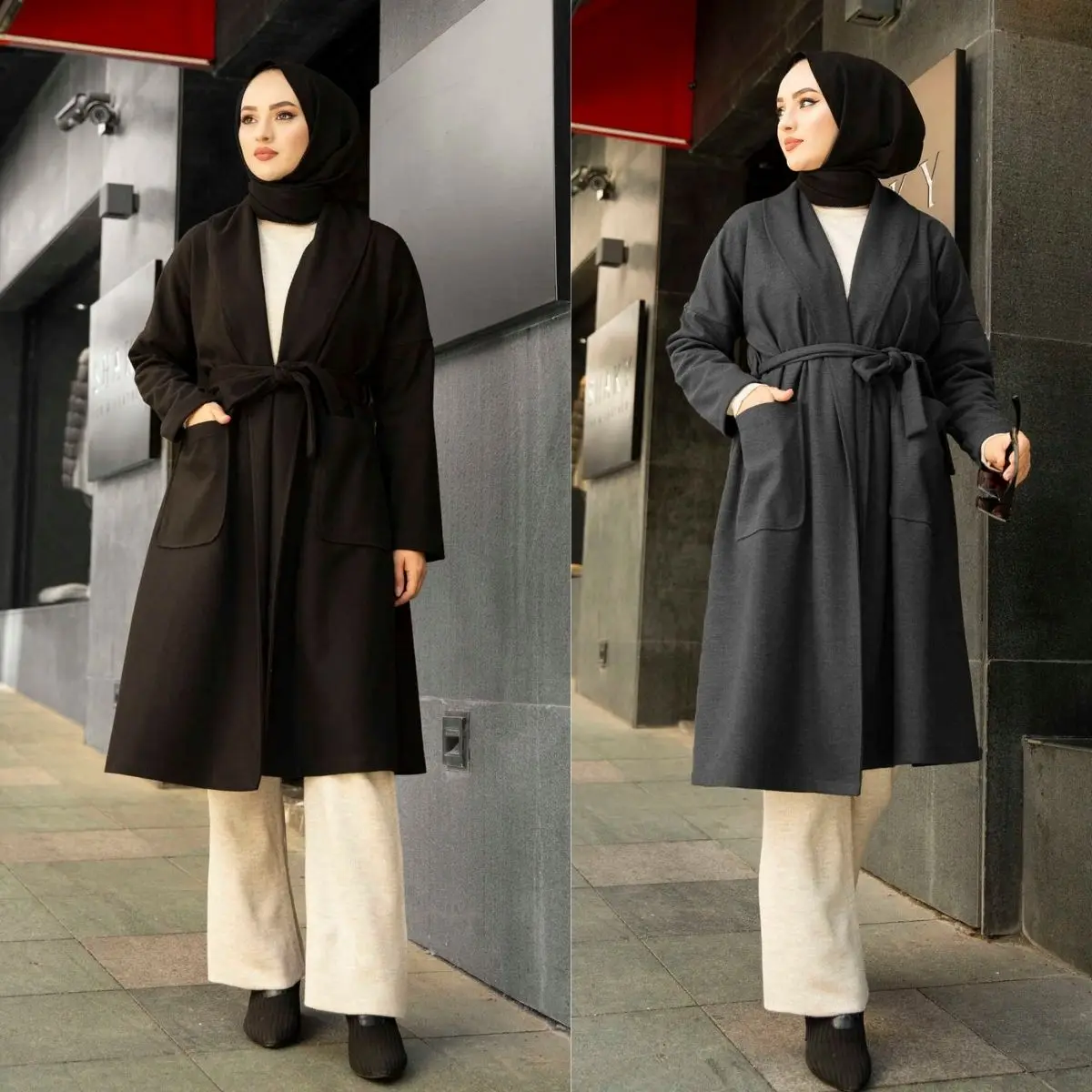 

Pocket Belted Cachet Coat Long Sleeve Dress Tunic Buttoned Knitwear Winter Seasonal Turkey Islamic Muslim Fashion Hijab Clothing