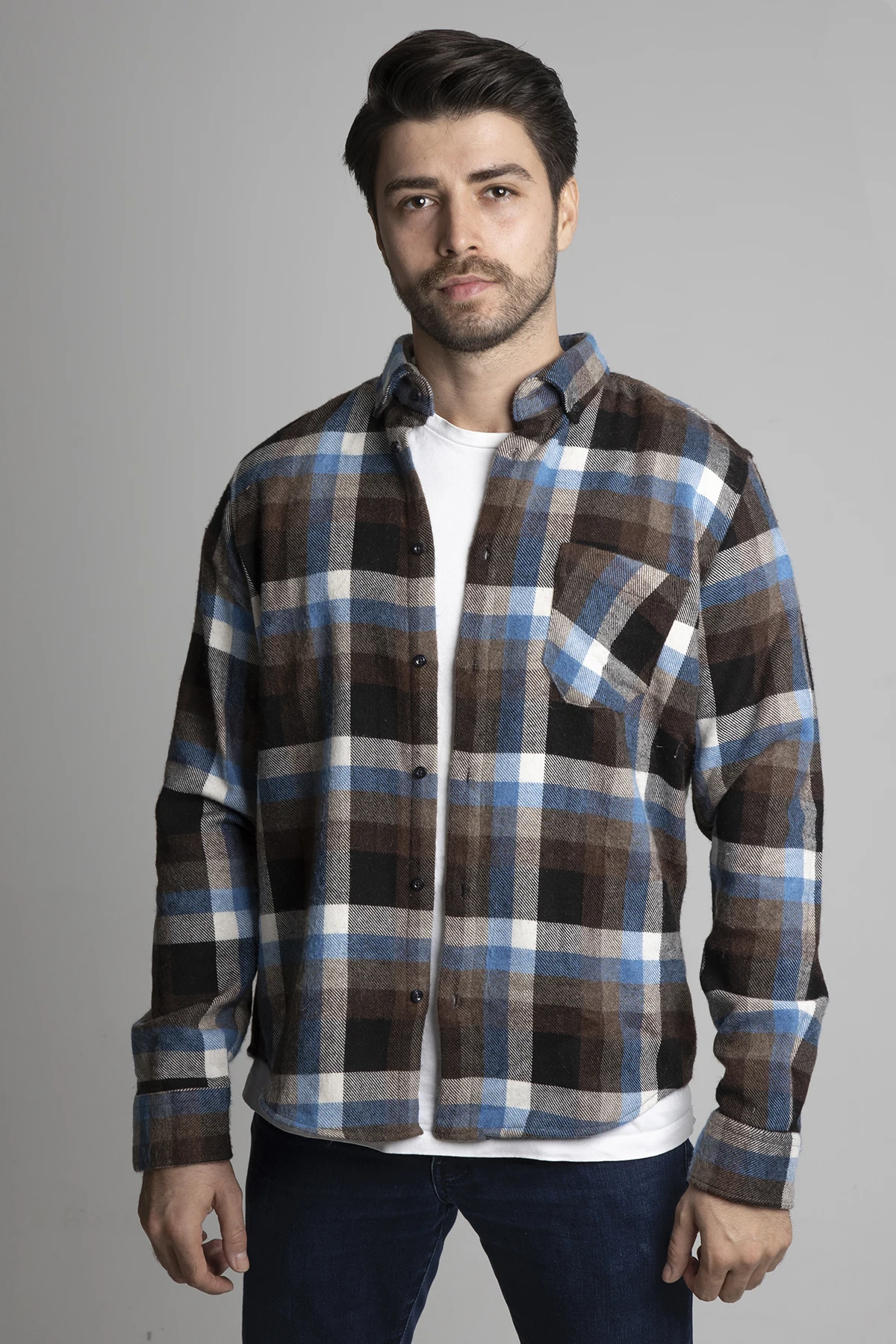 

ALENMEZA Casual Blue Brown Plaid Stylish Long Sleeve Autumn Winter Season Lumberjack Single Pocket Modern Fit Shirt