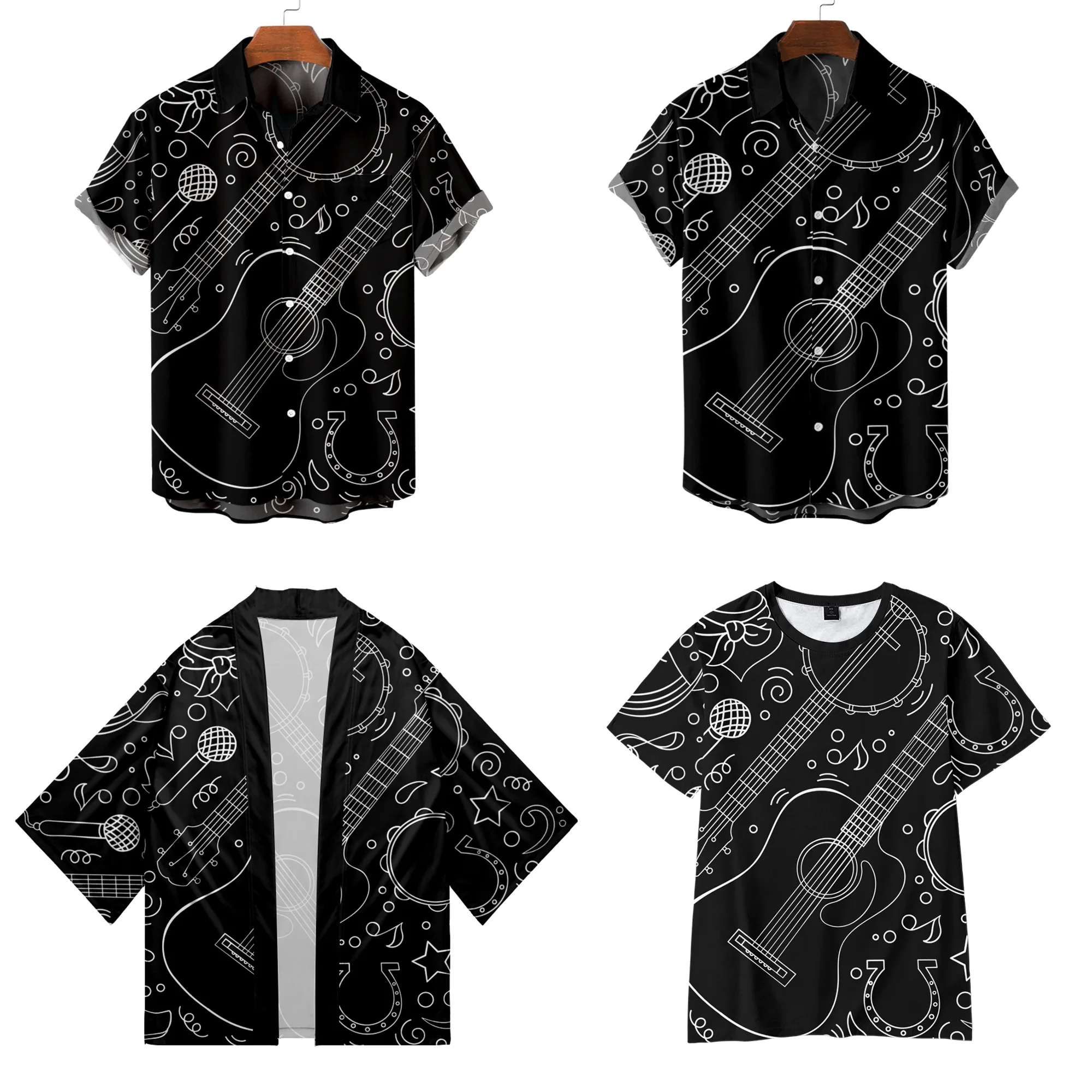 

2022 Funny Guitar Line Pattern Print Shirt Dress, Fashion Casual Hawaiian Style Men's and Women's Summer Shirts Kimono T-Shirts