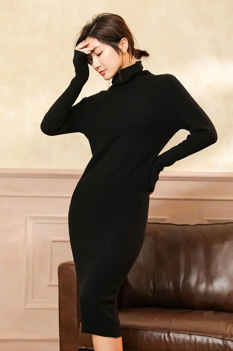 Женское кашемировое платье футляр Obrix облегающее до колена с высоким воротником и длинным рукавом|Женские