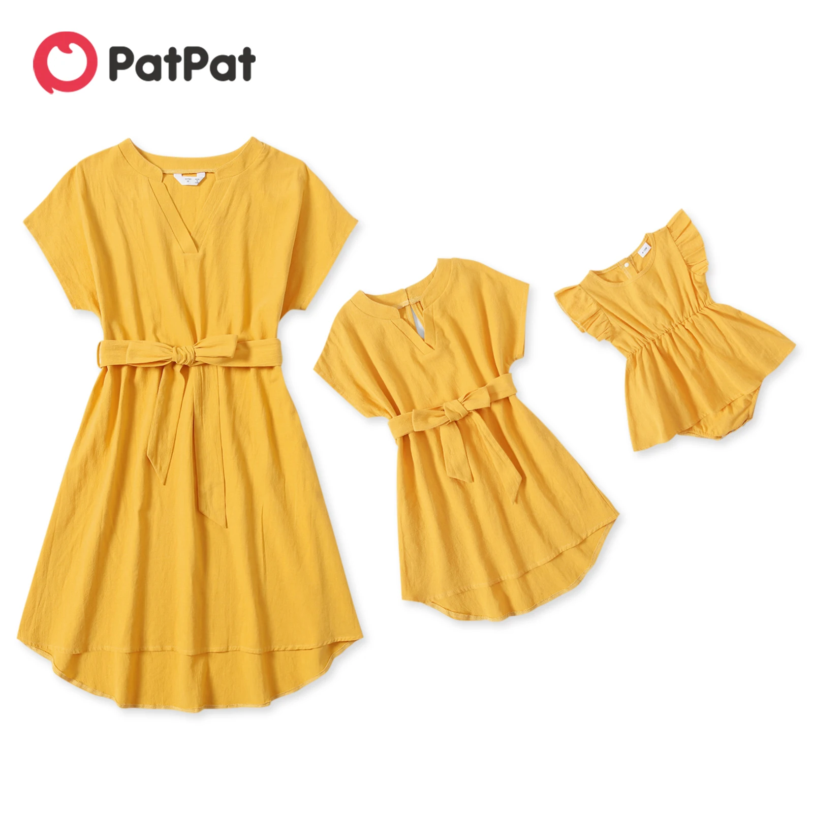 

PatPat 100% Cotton Yellow V Neck Short-sleeve Belted Dress for Mom and Me