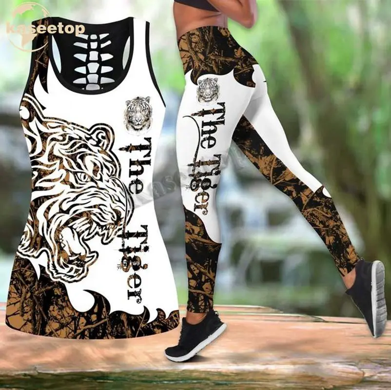 

Kaseetop новейший 3D Tiger Jungle комбинированный комплект для йоги из двух предметов женский 3D жилет с принтом вырезами искусственные и леггинсы лет...