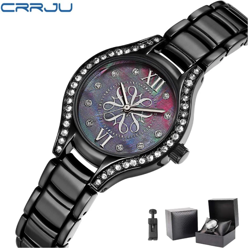 

CRRJU Women Crystal Diamond Black Dial Fashion Watches Silm Greek numerals Luxury Fashion Ladies WristWatches Brand Female Clock