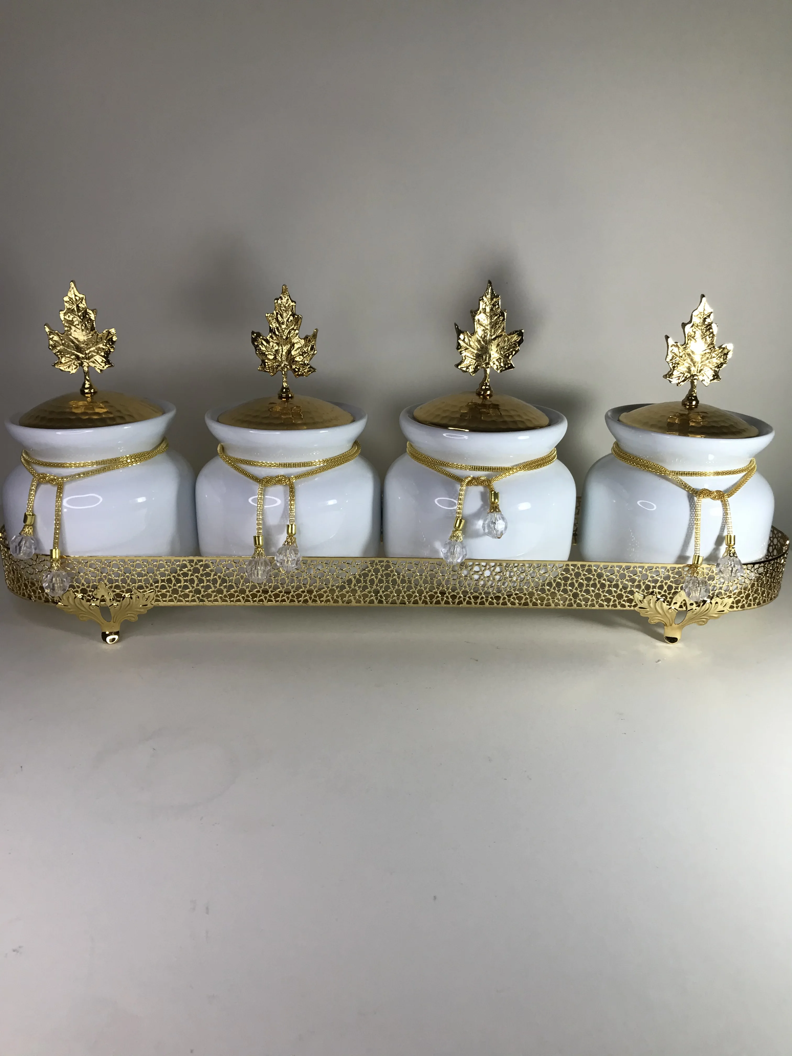 

4 Piece Porcelain Spice Coffee Tea Rice Storage Jar Gold Colour Kitchen Set Classical Design Luxury Metal Stylish Decorative