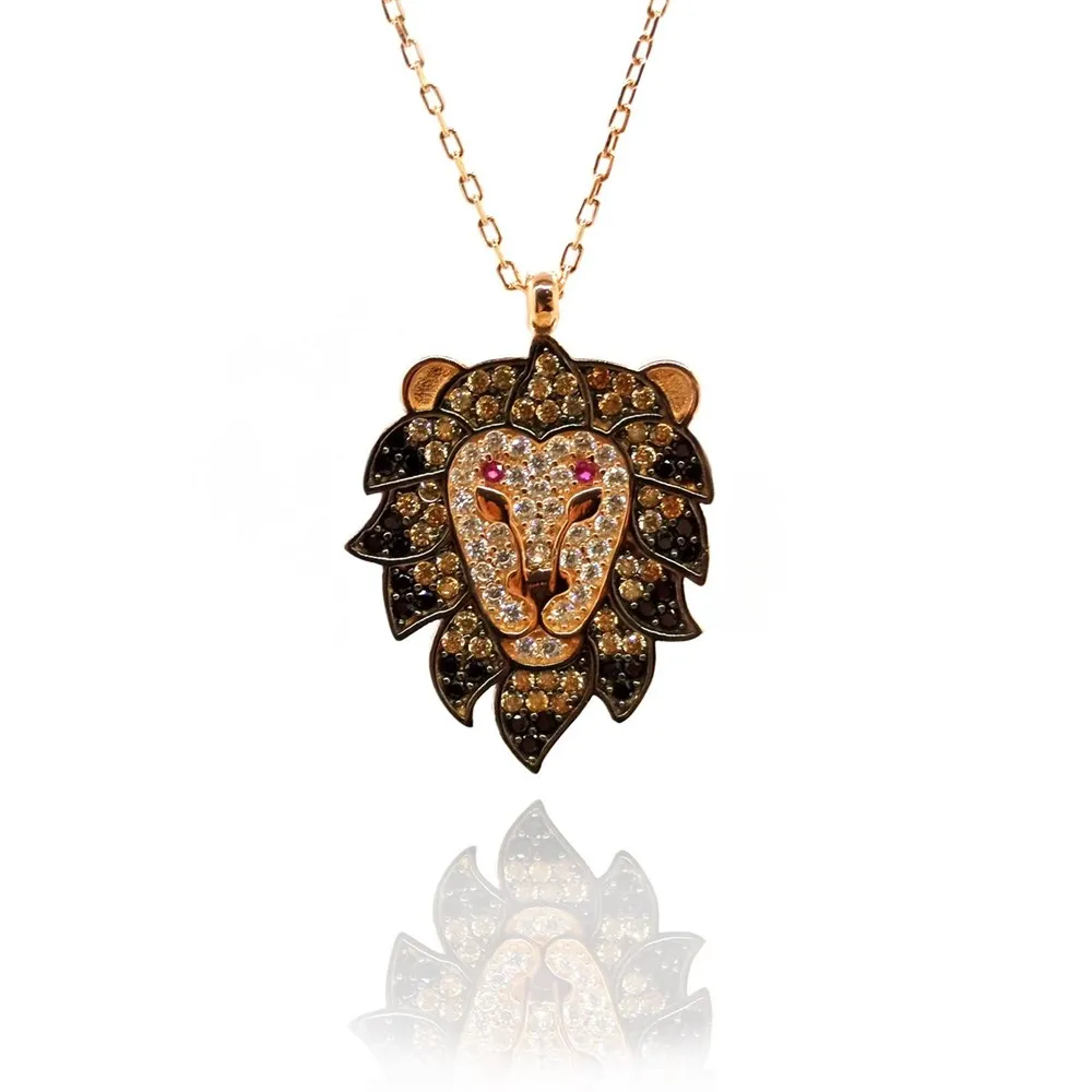 

Lion Head Colorful Zircon Stone Women Silver Necklace Handmade