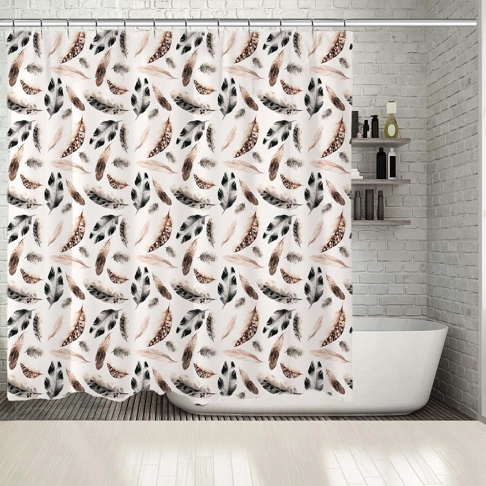 Занавеска для душа с птичьими перьями в коричневом и черном цветах Акварельная