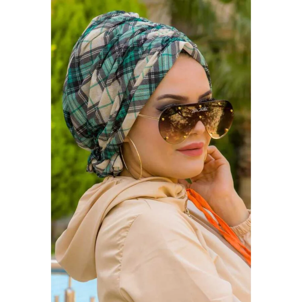 

Green Raw White Plaid Patterned Buckled Hijab Hat Shawl Muslim Women Clothing Fashion Spring Summer 2022 Abaya Khimar Jilbab Bridal Veil Islamic