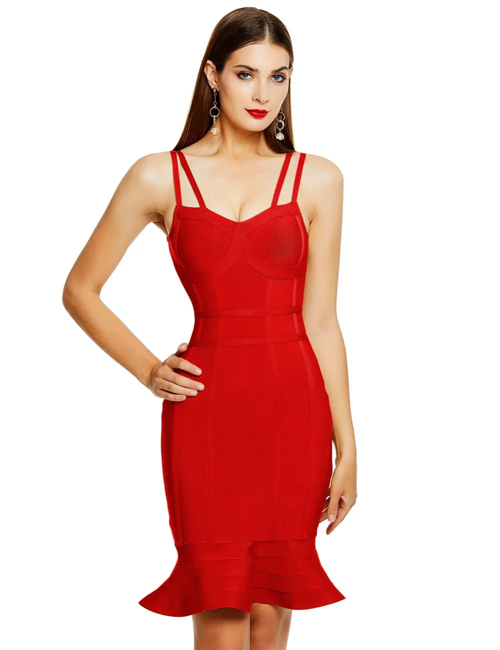 

Babatique 2021 New Fashion Sexy Red Yellow Ruffles Spaghetti Strap Bodycon Women Dress Ladies Elegant Party Dress