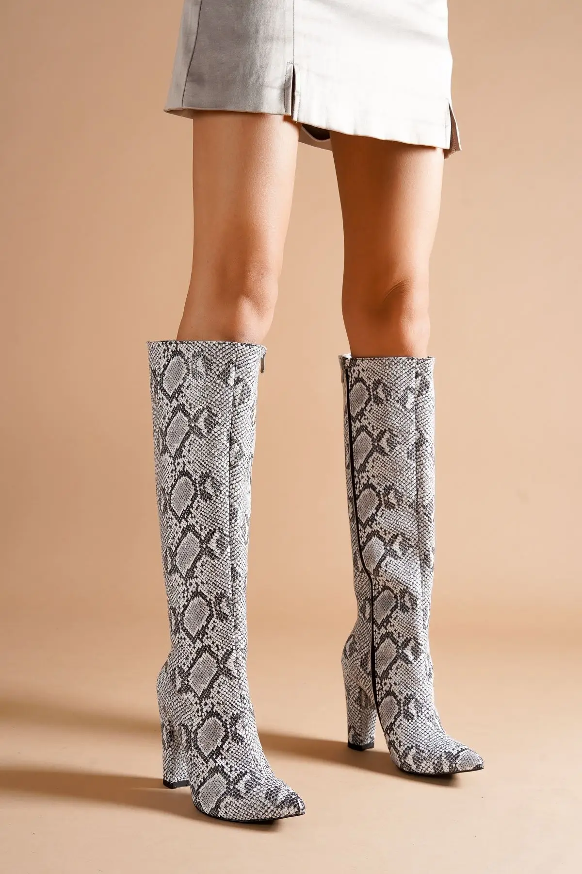 

Andros Black White Snake Skin Pattern Women Boots New Season modern design zipper detail long casual elegant fashion boots boots