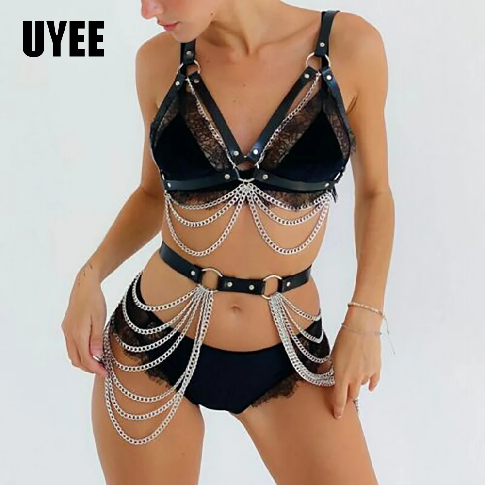 

UYEE Fashion Women Leather Harness Body Chain Sexy Lingerie Bridal Garter Bdsm Bondage Clothes Punk Goth Accessories Rave Outfit