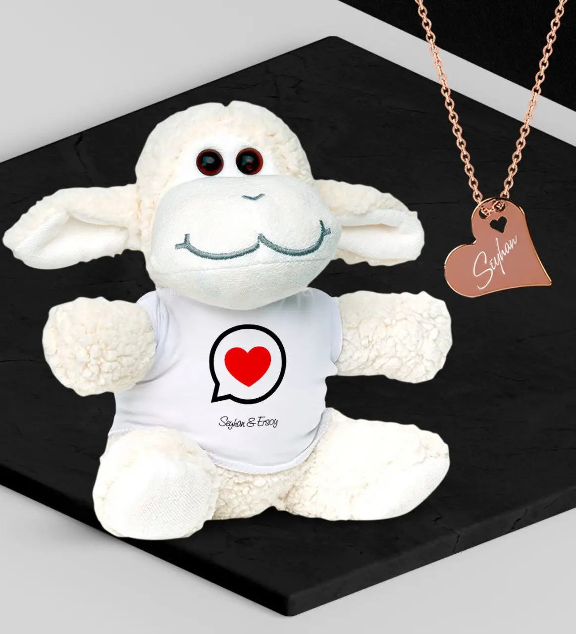 

Personalized Valentine 'S Themed Plush Lamb and Rose Heart Necklace Set - 80