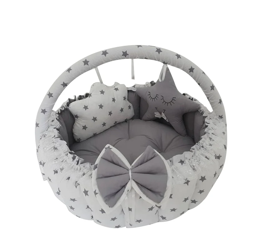 Jaju Baby Handmade Gray and Gray Starry Design Luxury Play Mat Babynest 4 Piece Set Portable Baby Bedding Set Mother Side