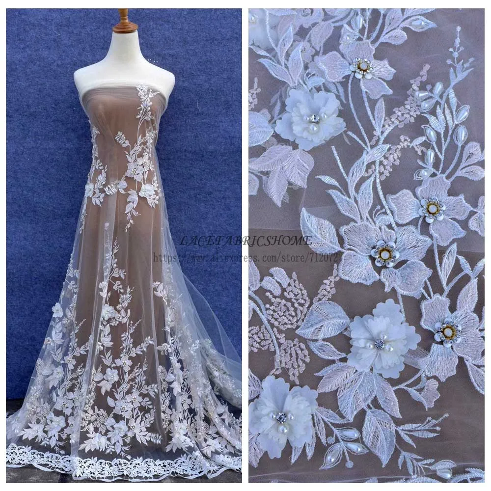 Off white mixed pink La Belleza Off white/смешанные цвета 3D Цветы Стразы свадебное с жемчужными бусинами/вечернее платье Кружева 51 ''ширина 1 ярд - Цвет: Off white mixed pink