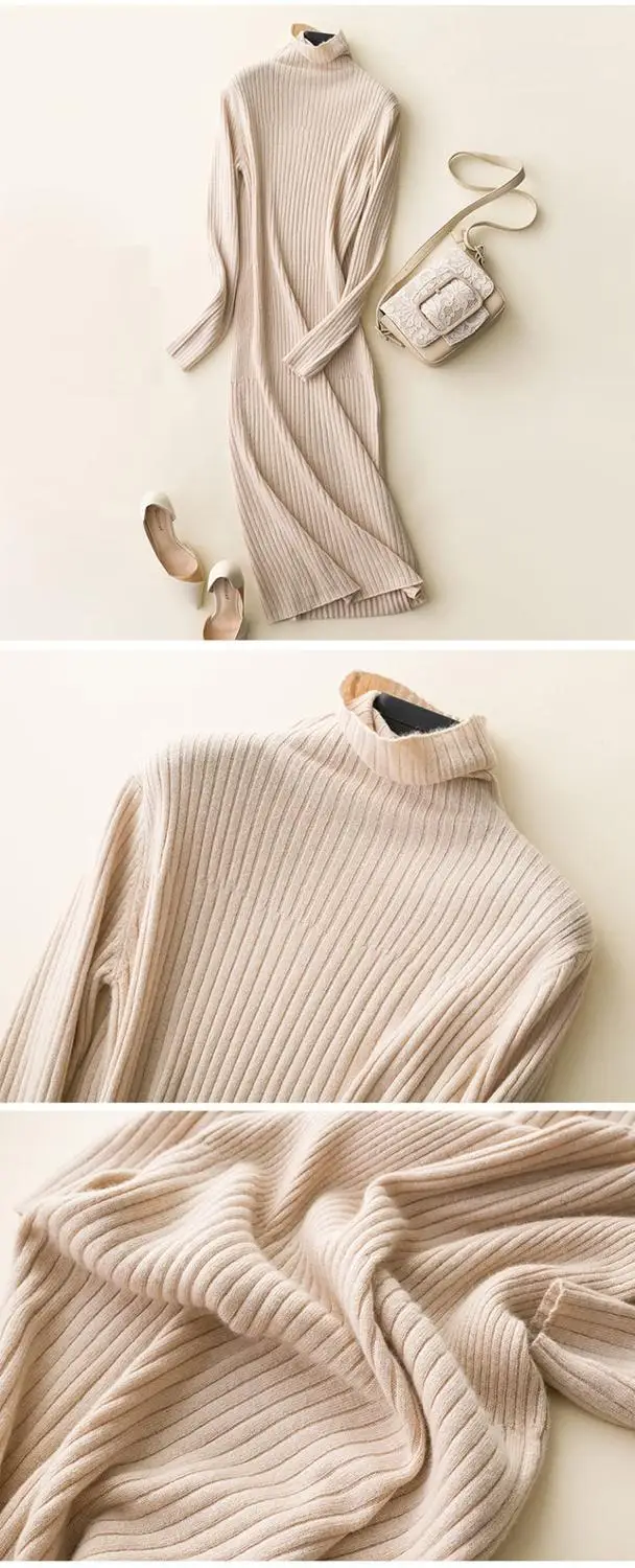 Женское кашемировое платье футляр Obrix облегающее до колена с высоким воротником и длинным рукавом|Женские