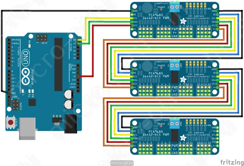 PCA9685 — 16-канальный 12-битный PWM/Servo драйвер с I2C интерфейсом |