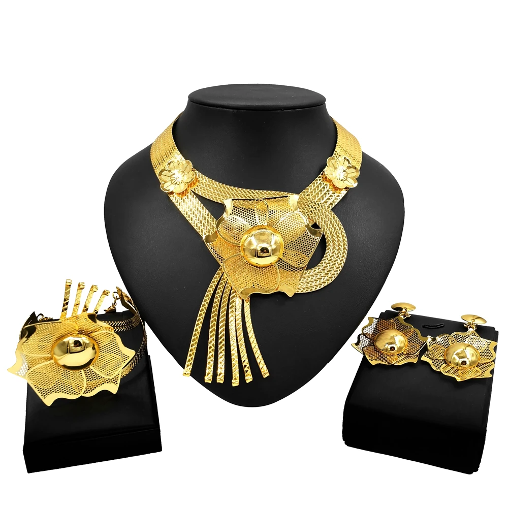 Ювелирный Комплект Yulaili с позолоченными цветами, африканская женская серьга, браслет, ожерелье, ювелирные наборы