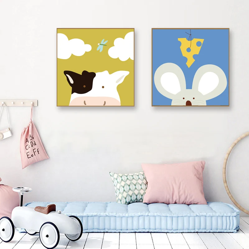 

Cute Cartoon Animal Decorative Picture Cow Baby Mouse Children's Room Kindergarten Canvas Painting Wall Art Kids Room Decor