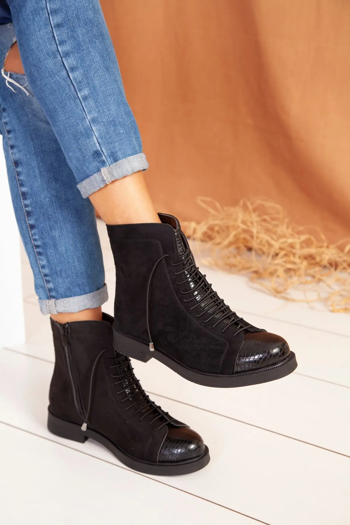 

Black Suede Croco Toe Detailed Women Boots High Quality Light Comfortable Casual Shoes 2021 Winter Autumn Season Korean Style