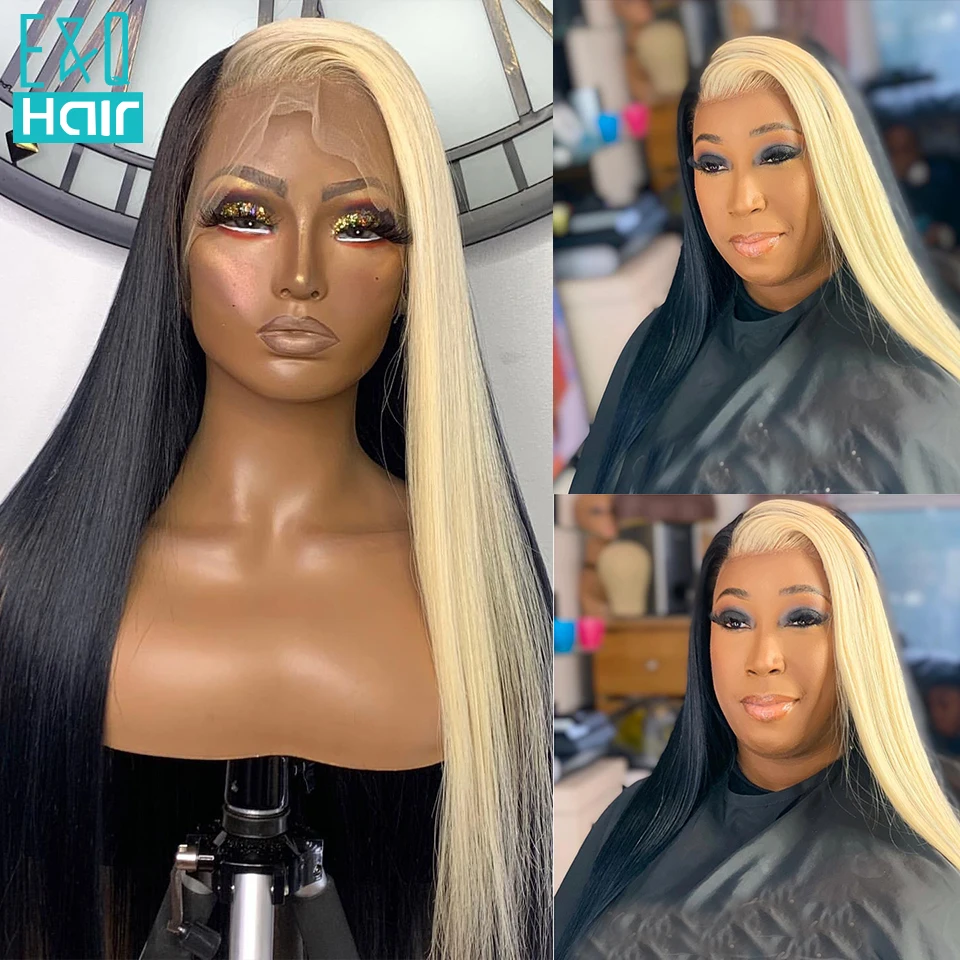 

Straight Blonde Colored Lace Front Human Hair Wigs For Women 613 Half Black Ombre Brazilian Oreo Highlight Lace Frontal Wig