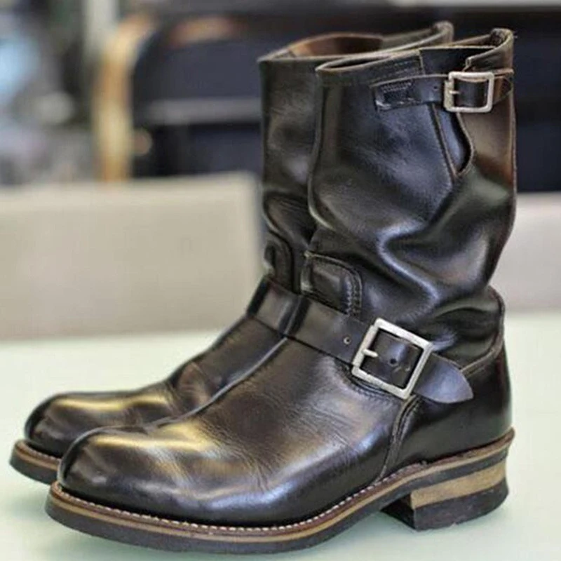

Vintage Motorcycle Boots Men's PU Leather Belt Buckle Middle Calf Casual Fashion Shoes Cover Foot Sneakers Non-Slip Knight Boots