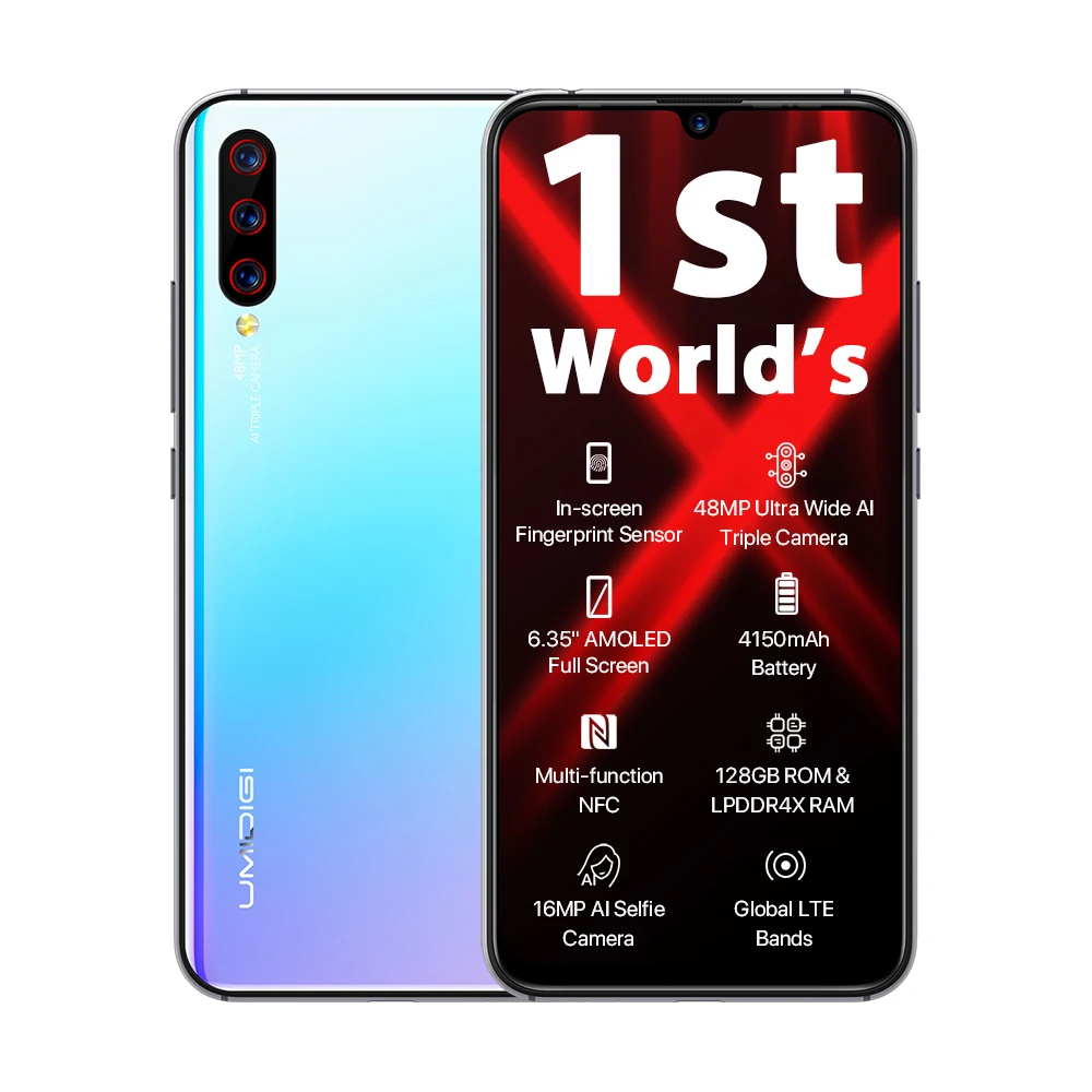 Синий UMIDIGI X 6,35 дюймов AMOLED 4 Гб 128 ГБ глобальная версия Смартфон Android 9,0 Helio P60 48MP 4150 мАч отпечаток пальца NFC 4G мобильный телефон - Цвет: Синий