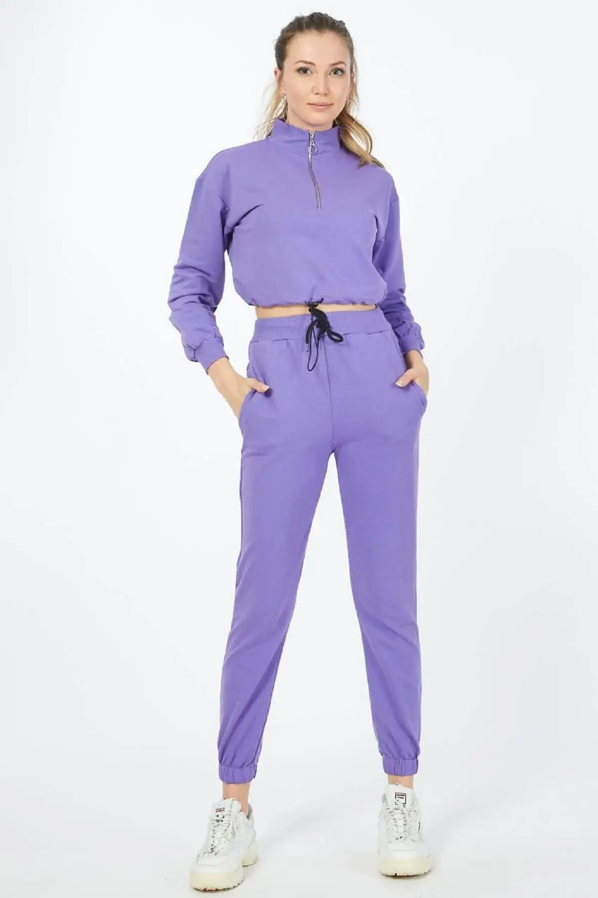 ADROM Kadın Siyah Göbeği Açık Nikel Fermuarlı Eşofman Takımı