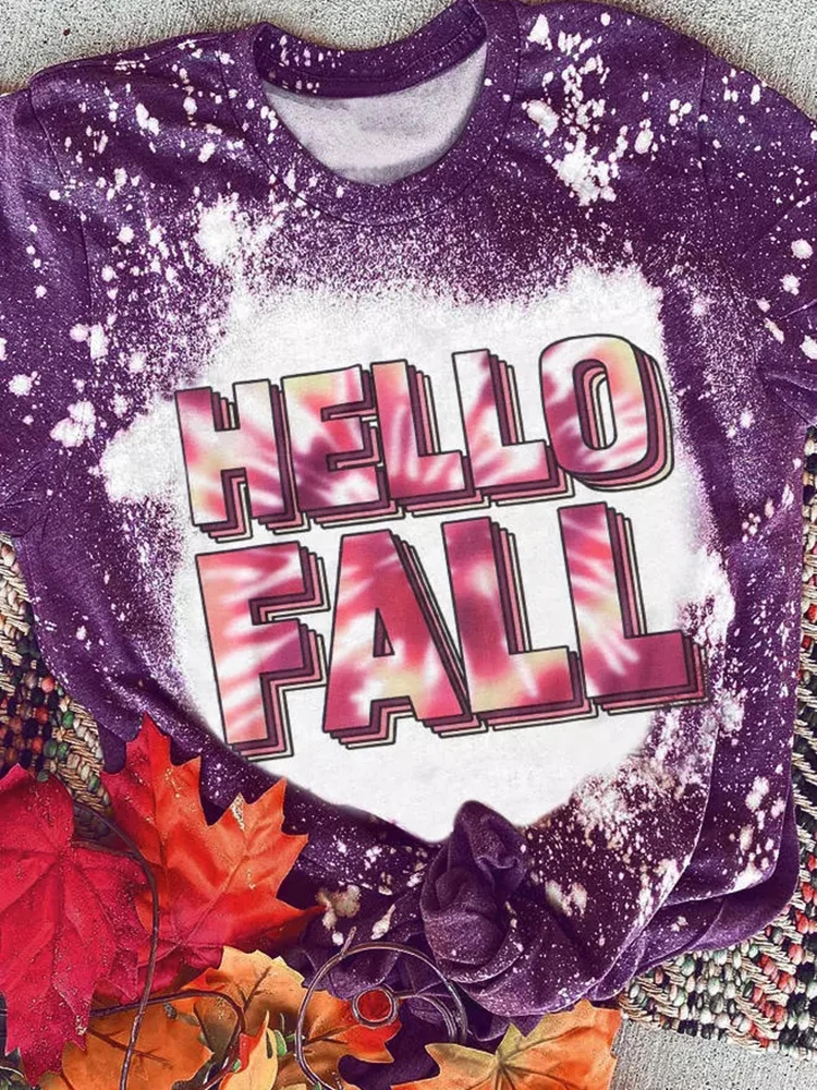 

Hello Fall Bleached T-Shirt Tee New Summer T Shirt WomenCasual O-Neck Letter Print Short Sleeve Female Tops Loose Tshirt Tee