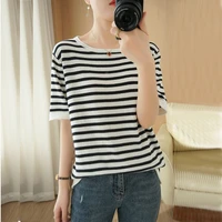 womens stripe tops knitted o neck casual tee shirt 2021summer short sleeve t shirts female pullover clothes new t shirt femme
