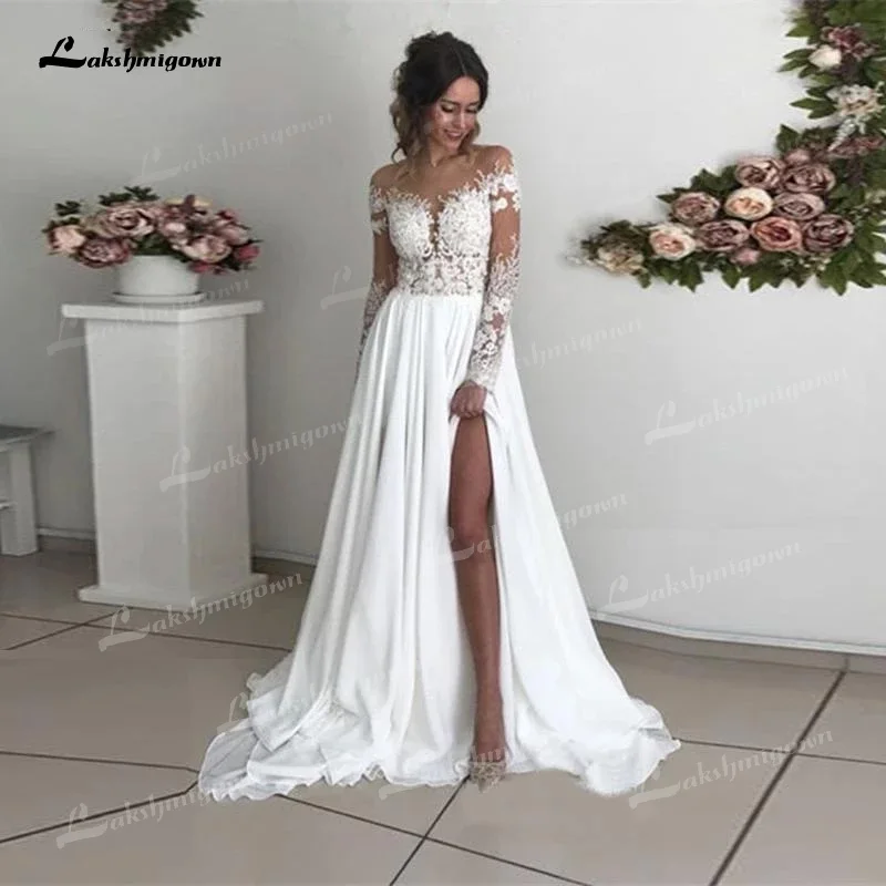 

Full Chiffon Scoop Floor-length Illusion Beach Regular Plus Size Cheap BoHo Sexy Wedding Dress 2021 Simple Vestido De Noiva