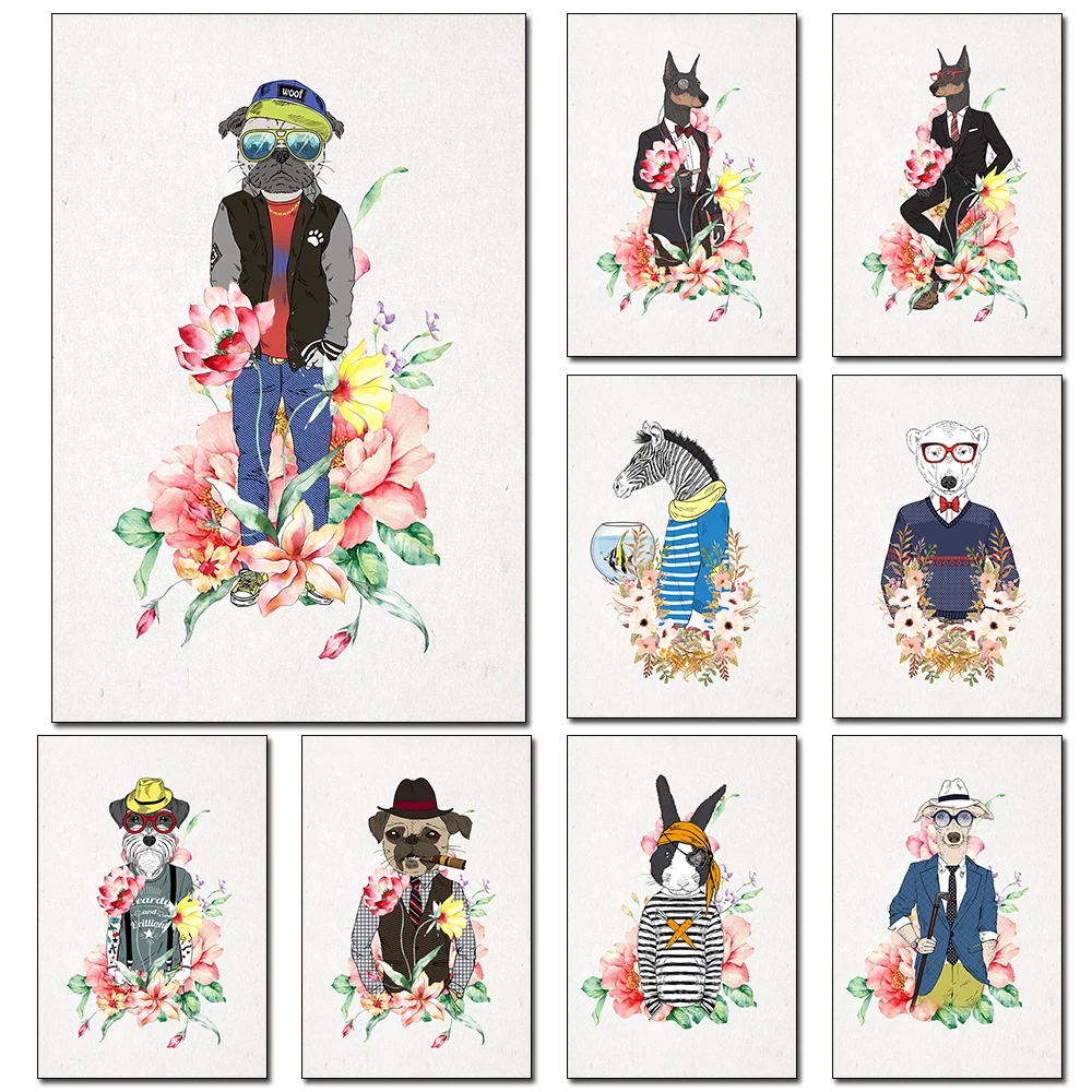 

Nordic Cartoon Flower Animal Watercolor Canvas Painting Zebra Dog Rabbit Simple Poster And Print Wall Art Living Room Home Decor