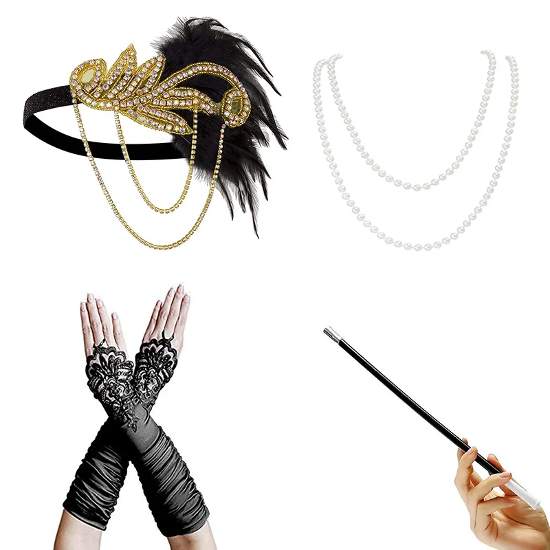 1920s-Accessories D Женский Большой Гэтсби Хлопушка платья 1920s блесток бисером бахромой платье/аксессуары набор xs-xxl(серебро, золото - Цвет: 1920s-Accessories D