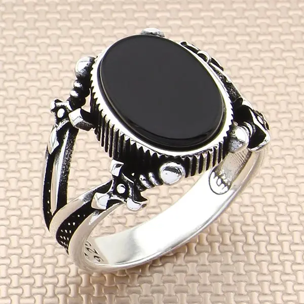 

Oval Black Onyx Stone Men Silver Ring With Sword Motif Made in Turkey Solid 925 Sterling Silver
