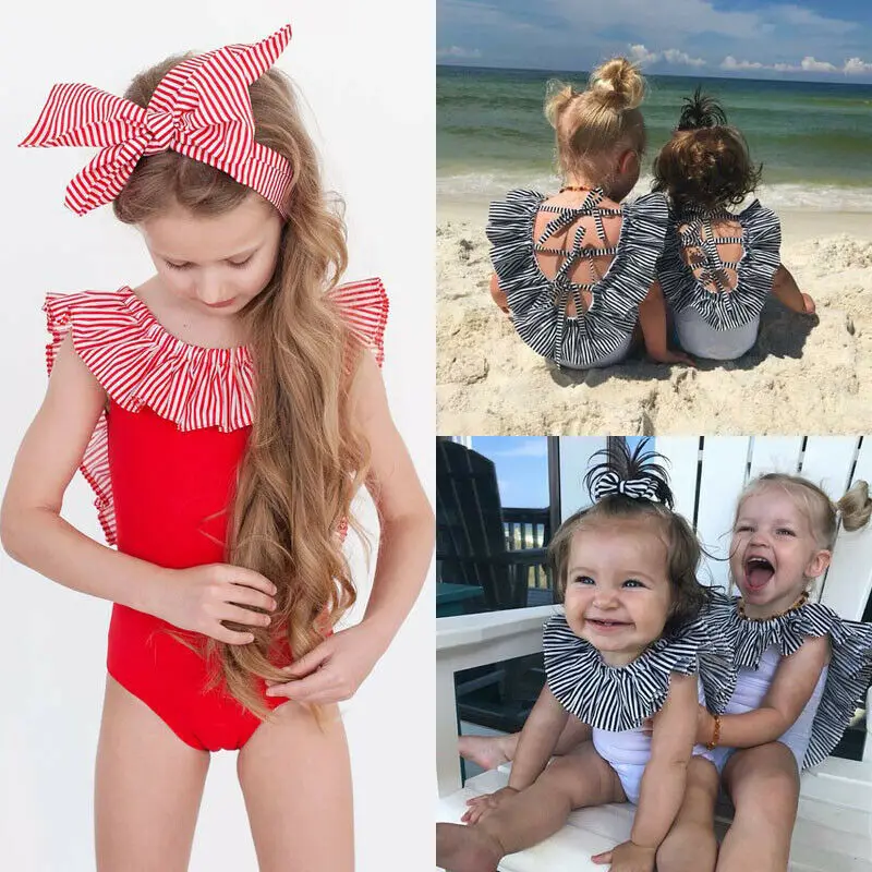Детский купальный костюм с рюшами для девочек в полоску лета 2020|Комбинезоны| |