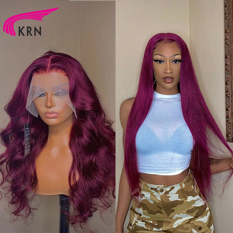 KRN 13X4 Straight Lace Front Wig Plum Red Colored Transparent Lace Frontal Human Hair Wigs For Women Brazilian Remy Wigs