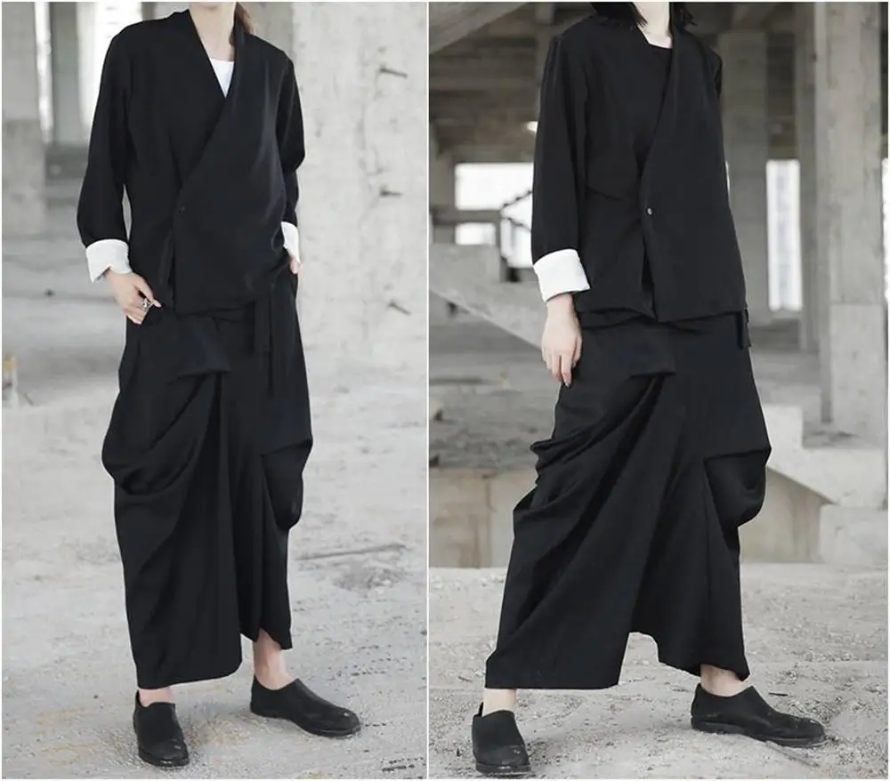 

Women Linen Original Design High Waist Wide Leg Culottes Big Crotch Harem Pants /Asymmetrical Slacks Trouser