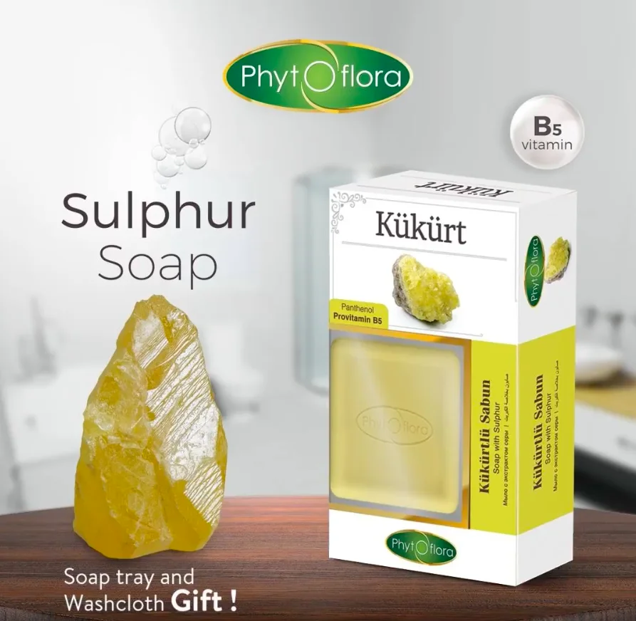 

Sulfur exfoliating soap for acne sebum oily skin back acne ringworm with a scrubbing mitten