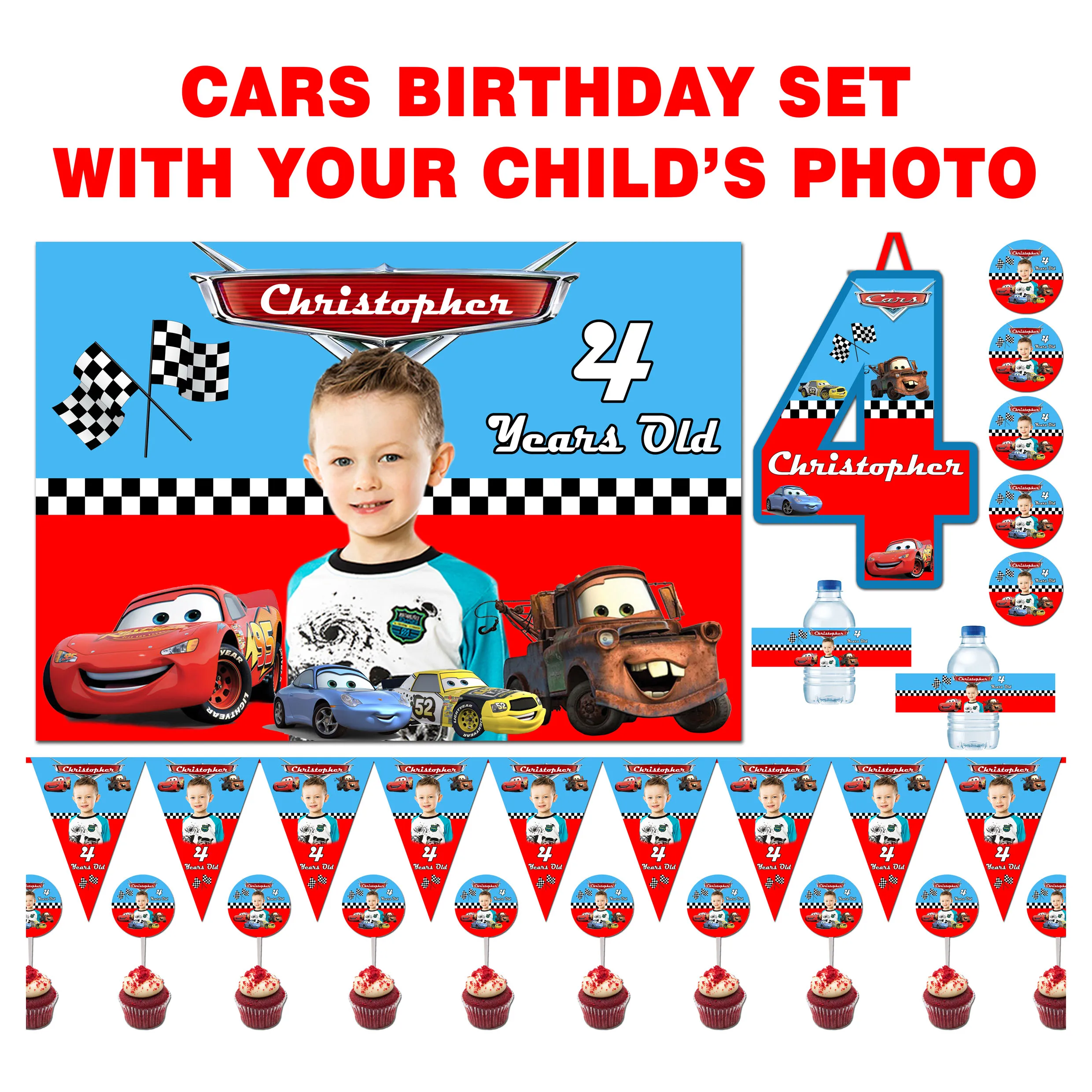 

Personalized birthday set with cars, photo background, banner, water bottle labels, cupcake toppers, stickers