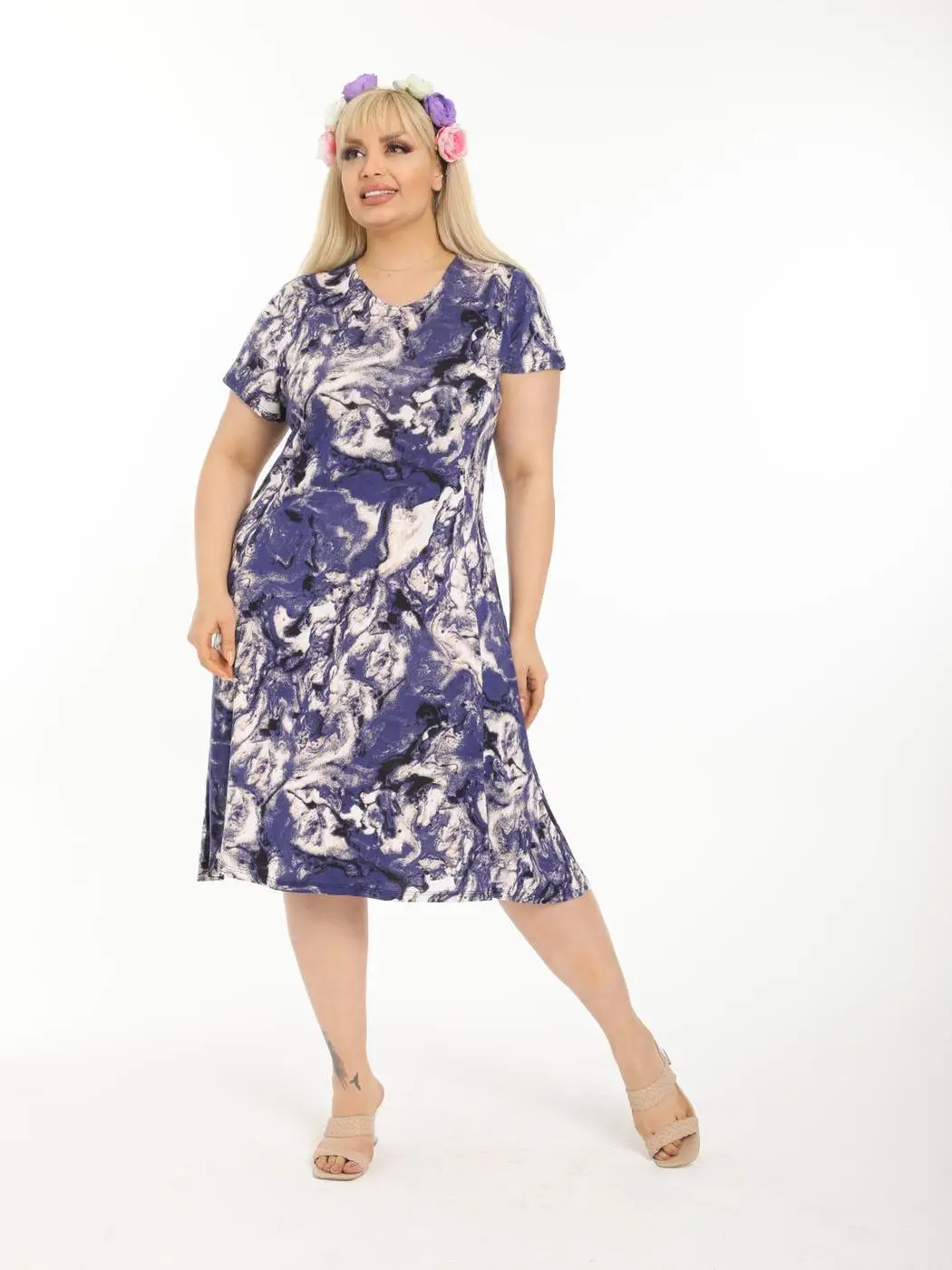 

Plus Size Women Clothing 2022 Summer Casual Midi Dressing Blue Waves Pattern Knee-Length Lycra Knitted Viscose Made in Turkey