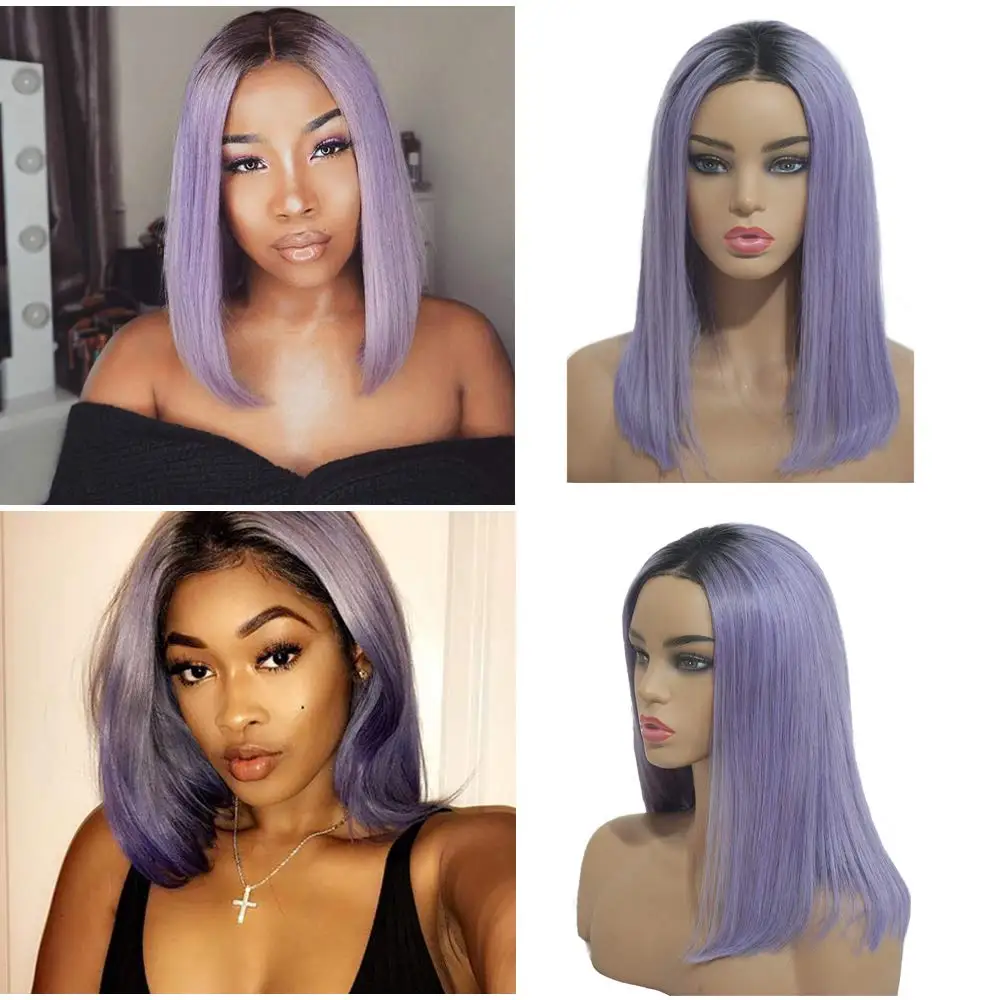 Ombre Purple Bob Lace Front Wig Human Hair Pre Plucked Colored Straight 13x4 Free Part Short Blunt Cut Bob Wig With Baby Hair
